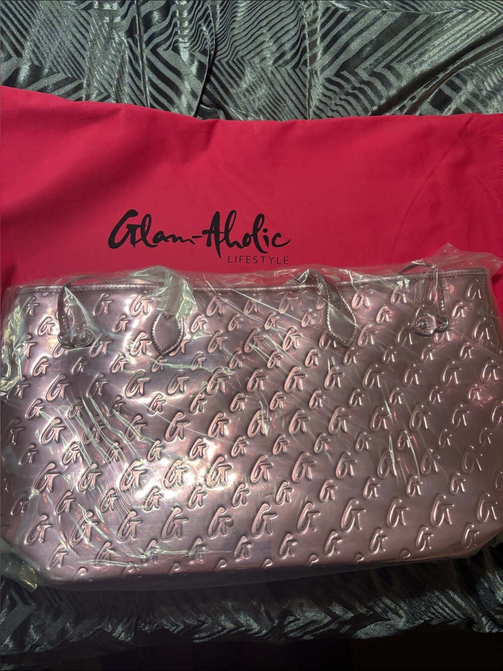 Stylish Metallic Pink Tote Bag with Embossed Pattern